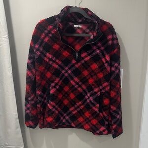 Cozy Half-Zip Plaid Sherpa Pullover - Red & Pink